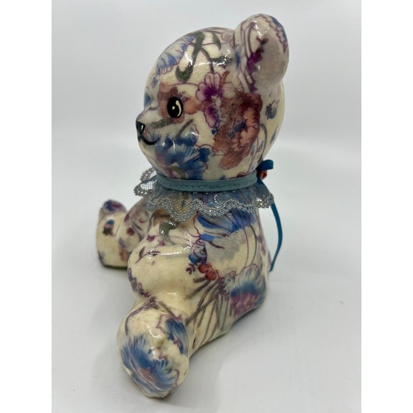 Vintage Decoupage Floral Ceramic Teddy Bear Figurine Flowers & Lace - Picture 5 of 8